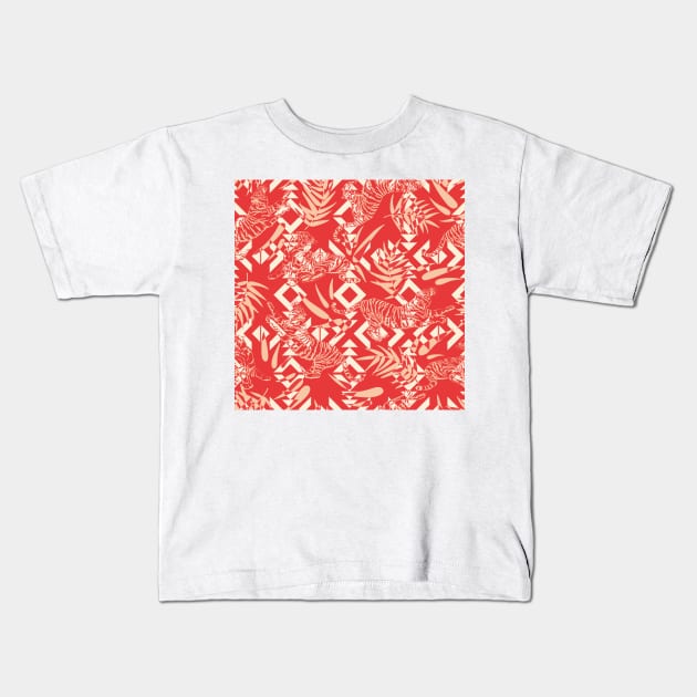 Tigers and Leaves with Tribal Shapes in Red Kids T-Shirt by matise